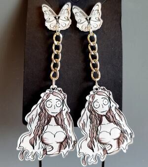 Corpse Bride Earrings Gothic Butterfly Chain Dangle Bride Halloween NWT 3.5"